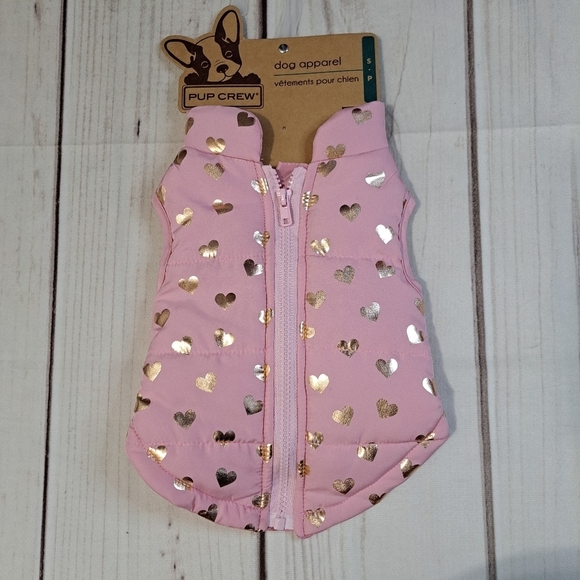 Pup Crew Small Pink Puffer Jacket Coat With Shiny Gold Hearts - Picture 1 of 5